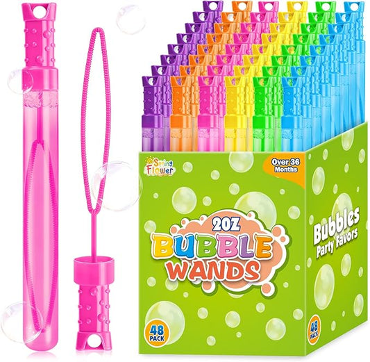 SpringFlower Bubble for Kids, 48 Pcs 2OZ Bubble Wands in 6 Colors, Bubble Bulk for Kid Party Favors, Summer Toys, Indoor & Outdoor Activities, Birthday, Carnival Prizes, Wedding, Goodie Bags