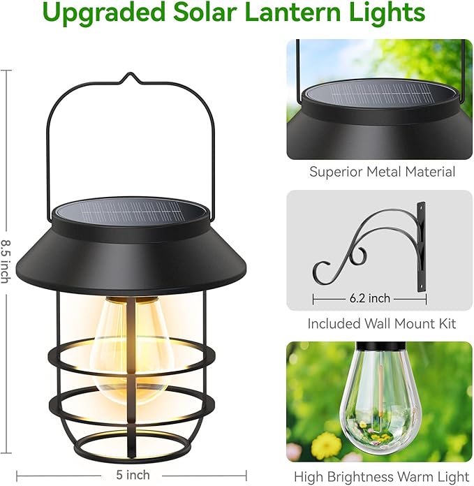 Solar Lanterns Outdoor Waterproof, High Brightness Hanging Solar Lights for Outside with Wall Hooks, Christmas Decor Retro Metal Outdoor Lanterns Auto On/Off for Patio, Yard Decor, Black,2Pack