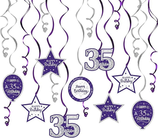 Happy 35th Birthday Purple & Silver Glitter Swirls Streamers Party Decorations - 15 Pcs 35th Birthday Hanging Swirls Streamers Kit,Perfect for 35th Bday Party Sign.