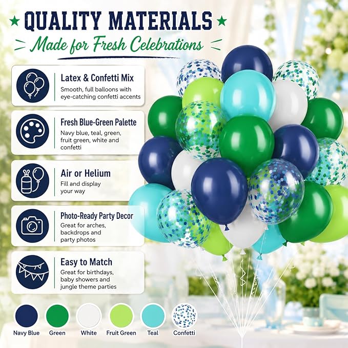 Blue and Green Balloons 60PCS Green and Blue Balloon Set, 12 Inch White Metallic Confetti Latex Balloon for Jungle Dinosaur Kids Boys Birthday Baby Shower Wedding Graduation Party Decor