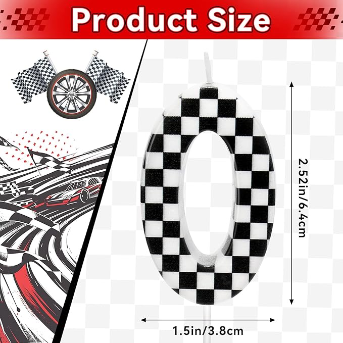 Racing Car Themed Birthday Candles, Number 0 Checkered Candles, Black & White Checkered Cake Decoration, Car Cake Topper for Party Decoration Theme Party Supplies