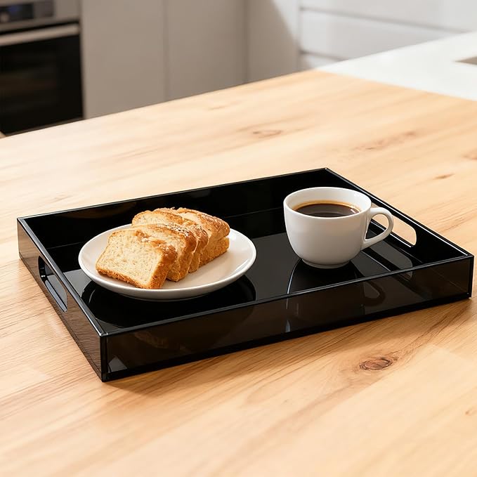 Sturdy 16" Acrylic Serving Tray with Handles - Ottoman Coffee Table Organizer for Food, Tea, Snacks, Vanity & Kitchen Countertop - Multi-Use for Bathroom, Living Room, Bar Parties (Black)