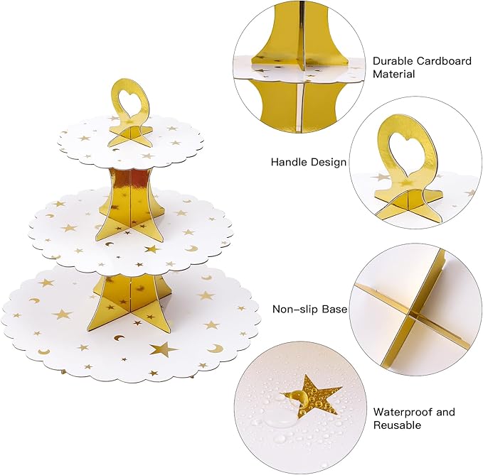 Soleebee 3-Tier Cupcake Stand, Cardboard Cupcake Tower, Dessert Cup Cake Stand Tower for Birthday Wedding Party Decoration, Cupcake Tier Stand 2 Set (Gold Moon and Star)