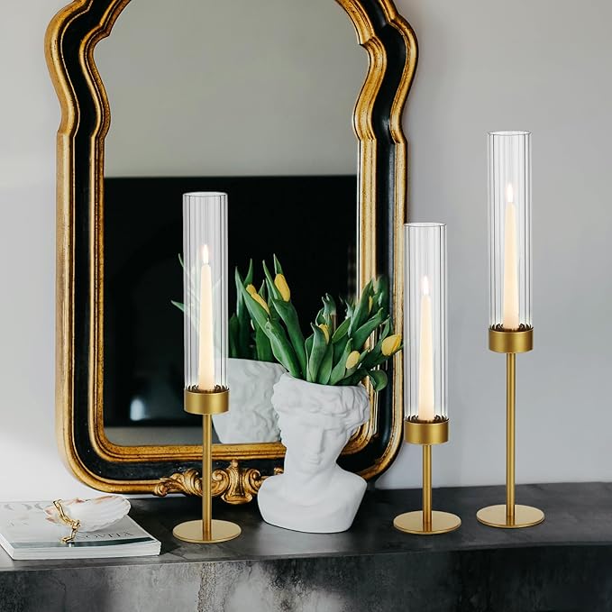 Glass Hurricane Candle Holders Set of 6-Gold Metal Base Taper Candle Stick Holders for CandlesticksHolder Decor, Elegant Dining Table Centerpiece for Wedding, Christmas & Home Decor-Ribbed Glass