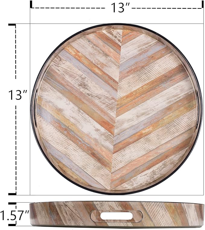 MAONAME 13" Round Decorative Tray, Plastic Tray with Handles, Coffee Table Trays, Serving Trays for Ottoman, Bathroom, Kitchen (Multicolored Wooden Sticker)