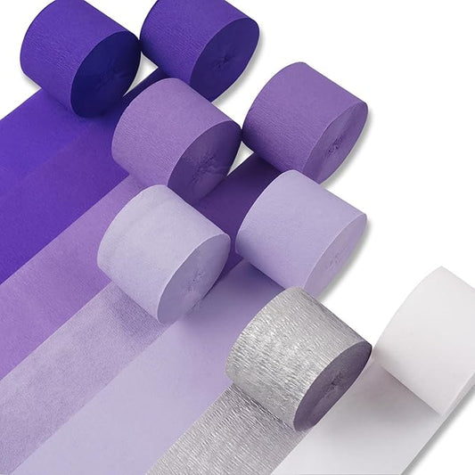 PartyWoo Purple Crepe Paper Streamers 8pcs 656ft Pack of Light Dark Purple Lavender White Silver Crepe Paper Streamers for Birthday Baby Shower Graduation Princess Butterfly Theme Party Decorations
