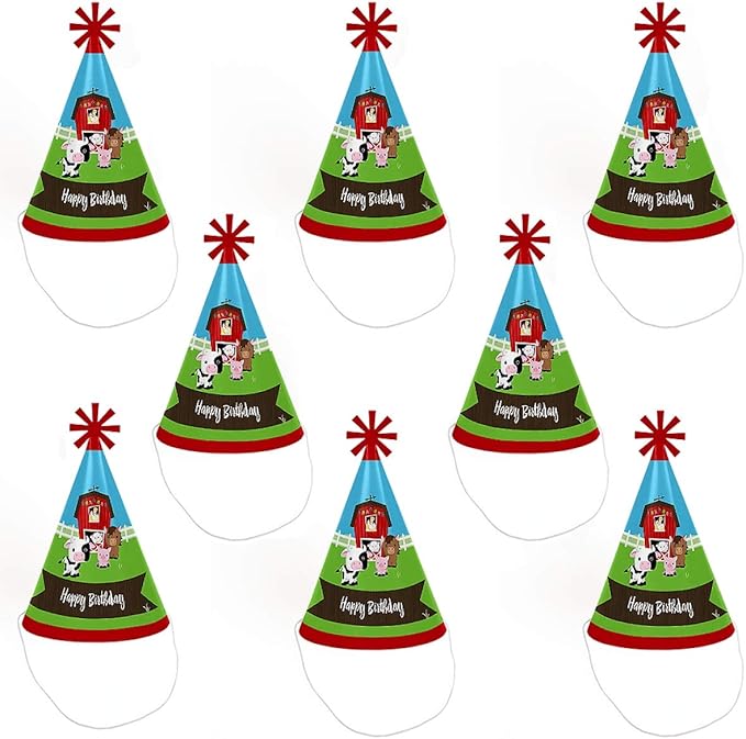 Big Dot of Happiness Farm Animals - Cone Party Hats for Kids and Adults - Set of 8