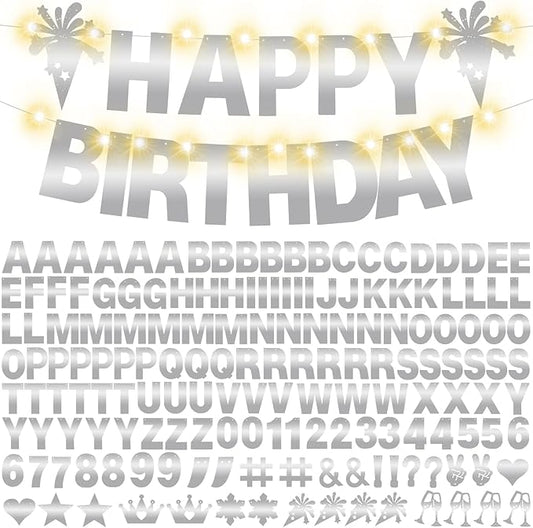 175Pcs Glitter Customizable Banner Kit DIY Custom Letter Banners DIY Happy Birthday Letters 0-9 Numbers Personalized Banner Decor For Wedding Birthday Party Decorations Supplies(Shiny Silvery))