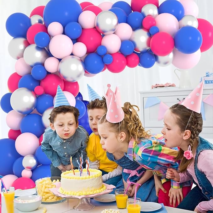 Hot Pink Blue Balloon Garland Arch Kit, 122PCS Pink Silver Royal Blue Balloons for Wedding Engagement Birthday Anniversary Baby Shower Girl or Boy Baby Gender Reveal Party Decorations