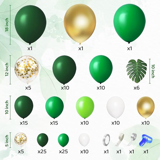 Amandir 163Pcs Jungle Party Balloons Garland Arch Kit, Gold Green Balloons Dinosaur Party Decoration with Palm Leaves for Safari Animal Wild One Birthday Baby Shower St Patricks Day Party Supplies