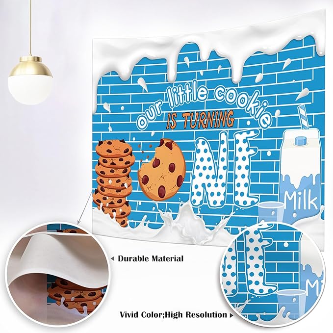 Mocscika Our Little Cookie is Turning One Backdrop Cookie Milk 1st Birthday Party Decoration for Boys Kids Blue Wall Decor Photography Background (White, 10x8ft(120''x96''))