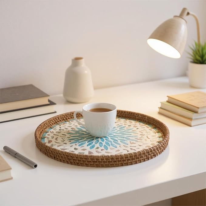 Round Rattan Tray with Mother of Pearl Inlay, Handwoven Wicker Coffee Table Serving Basket Tray for Fruit Snack Party Picnic Cafe Bedroom Kitchen Home Decor Set of 2 (Blue Star)