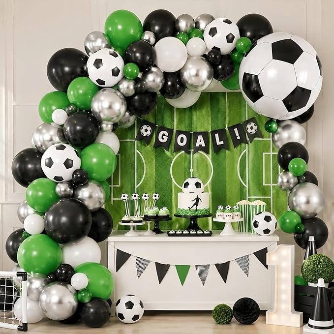 Soccer Balloons, 12 Inch Green Black White Metallic Silver Latex Balloons with Soccer Ball 4D Foil Balloon for Boys Kids Sport Theme Birthday Decorations Football Lover Men Party Baby Shower Decor