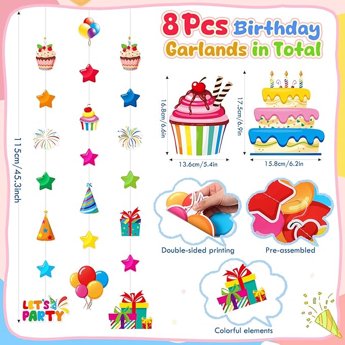 Daifunli 8 Pcs Happy Birthday Party Decorations Let's Party Garland Streamers Colorful Rainbow Birthday Theme Hanging Paper Cutouts Banner for Wall Backdrop Classroom Door Ceiling Decorations Supplies