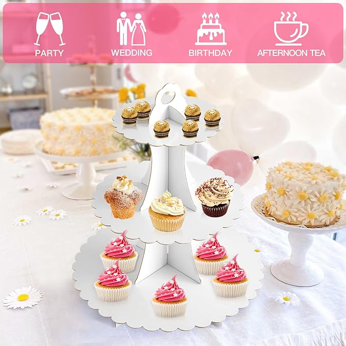 Soleebee 3-Tier Cupcake Stand, Cardboard Cupcake Tower, Dessert Cup Cake Stand Tower for Birthday Wedding Party Decoration, Cupcake Tier Stand 2 Set (White)