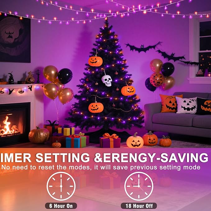 250 LED Orange and Purple Christmas Lights 82 FT String Lights Indoor Outdoor Clear Wire with 8 Modes, Plug in Waterproof Christmas Light for Tree Party Bedroom Thanksgiving Decorations