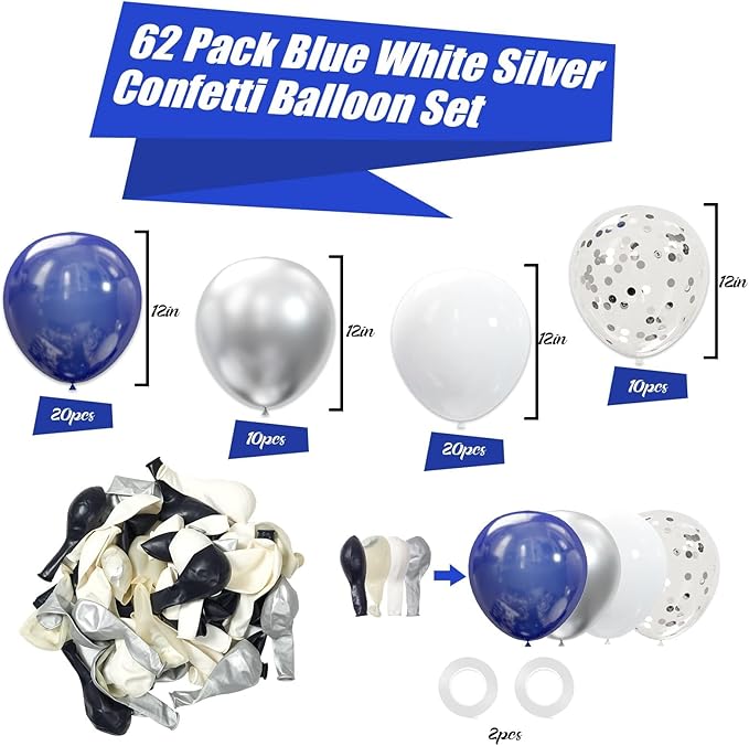 OuMuaMua 62pcs Silver Navy Blue Balloons Kit - 12 Inches Silver Blue Party Decoration Graduation Balloons for Baby Shower Birthday Wedding Graduation Party Decorations Supplies