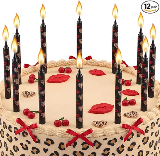 Conelist 12 Pcs Cheetah Cherry Themed Birthday Candles Cartoon Red Black Birthday Decorations Movie Cake Toppers for Themed Party Supplies
