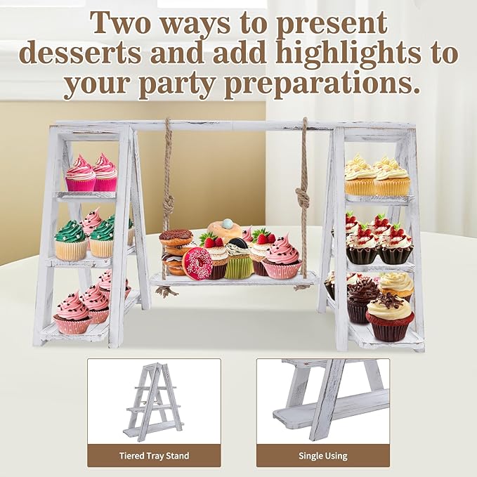 3 Tier Wooden Cake Stand with Tray Ladder,28.3×16.9 in Dessert Table Display Set, Cake Pop Stand,for Parties,Birthdays,Weddings, Baby Showers,etc (White)