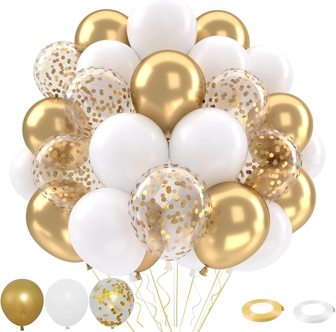 Patimate White and Gold Balloons Set, 50 pcs 12 inch Metallic Gold White Gold Confetti Latex Balloons Kit for Birthday Engagement Wedding Anniversary Party Decorations
