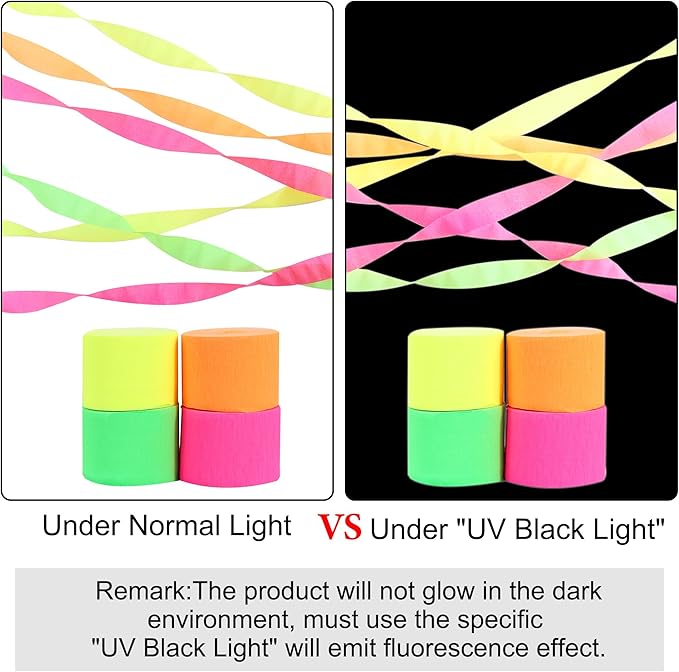 BEISHIDA Glow in The Dark Party Supplies，8 Rolls Neon Crepe Paper Streamers for Neon Summer Party Birthday DIY Craft Paper(1.8 Inch x 82 Ft/Roll)