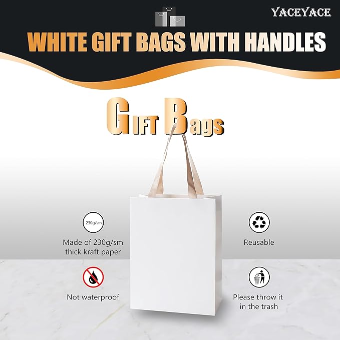 White Paper Gift Bags, 20Pcs 8"x4.25"x10.5" White Kraft Gift Bag with Handles, Medium Gift Bags with Handles Bulk, Paper Shopping Bag Bulk