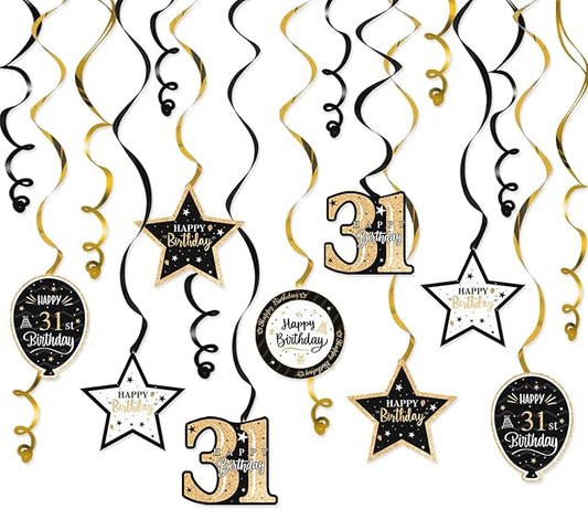 Happy 31st Birthday Black & Gold Glitter Swirls Streamers Party Decorations - 15 Pcs 31st Birthday Hanging Swirls Streamers Kit,Perfect for 31st Bday Party Sign.