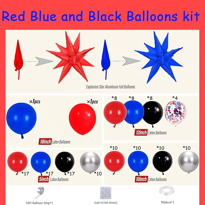 159pcs Black Red and Blue Balloons Arch Garland Kit, Spider Theme Balloon Arch with Explosion Star Balloons for Men Baby Shower Spider Theme Birthday Party Decorations