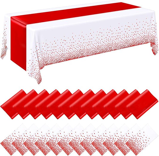Breling 24 Pack White and Red Disposable Plastic Tablecloths and Satin Table Runner Set, 54 x 108 Inch Tablecloth, 12 x 108 Inch Table Runners for Wedding Graduation Birthday Baby Shower