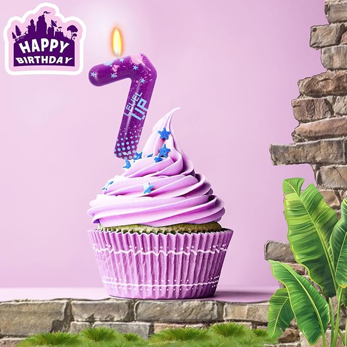 STG Birthday Candles for Boys - Number 7 Candle for Video Game Birthday Cake Topper, Fort Battle Level Up Sandbox Games Birthday Party Supplies (Purple)