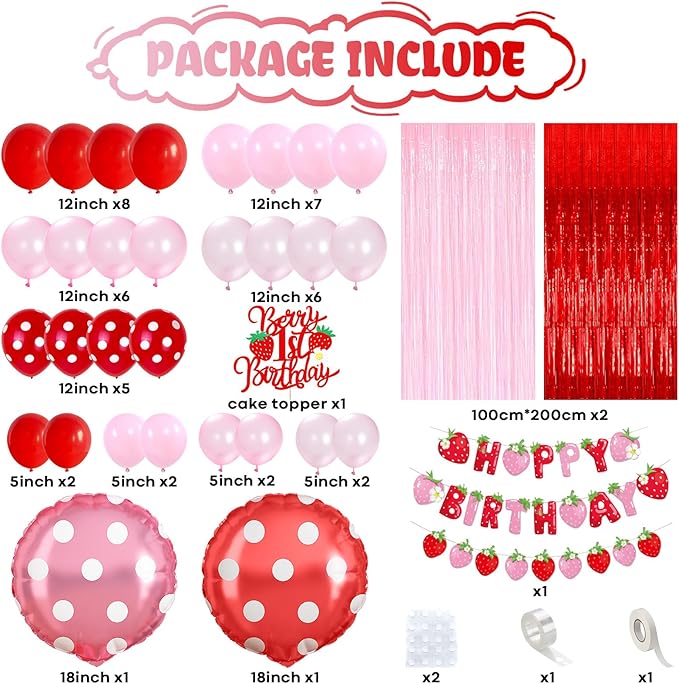 Strawberry Birthday Decorations for Girls, Berry First Birthday Decor Pastel Pink Red Polka Dot Foil Balloons Sweet Strawberry Banner Cake Topper for Sweet Berry Baby Shower 1st Girl Party Supplies