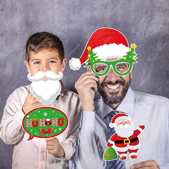 32Pcs Christmas Photo Booth Props Xmas Props for Photoshoot Fun Santa Claus Snowman Elk Glasses Beard Selfie Posing Signs Accessories for Birthday New Year Holiday Photography Decor