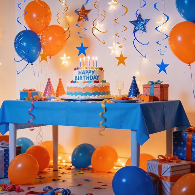 GAKA Blue and Orange Foil Hanging Ceiling Swirls Garland,Star Swirl Streamer Decorations for Birthday,Anniversary,Graduation Party Supplies(24Pcs)