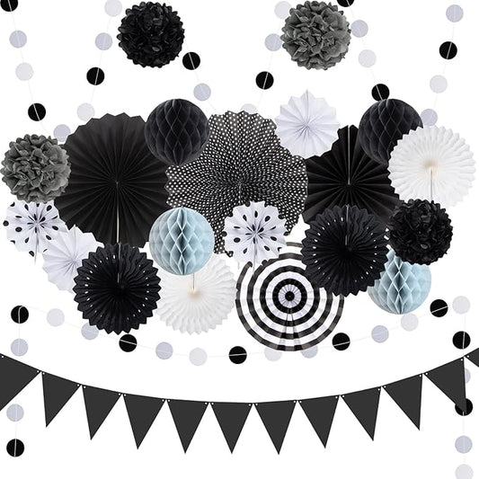 Black Gray Party Decoration,23Pcs Hanging Paper Fans, Pom Poms Flowers, Garland String Polka Dot and Triangle Bunting Flag Packs for Boy Birthday, Bridal Shower, Baby Boy Showers, Wedding, Graduation