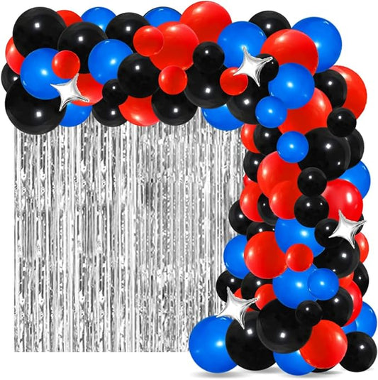 Red Blue Black Balloon Garland Arch Kit - Blue Black Balloons Red BlueBalloons Silver Tinsel Foil Fringe Curtain for Super Spider Hero Man Boys Birthday Graduation New Year Party Decorations
