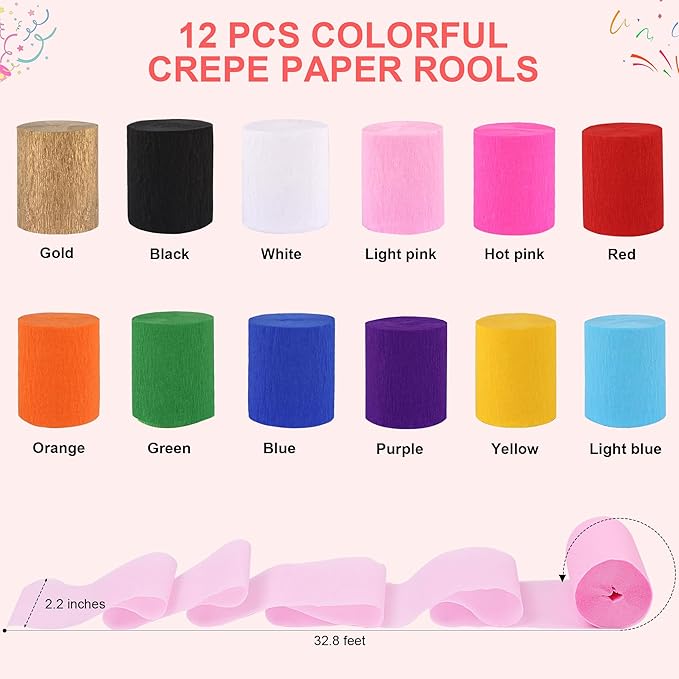 Oubest 12 Rolls Crepe Paper Streamers Party Decorations for Birthday, Wedding, Graduation, Halloween, Christmas, 2.2 inch Wide Colorful Party Streamers Doorway, Wall, Backdrops, Ceiling Decor