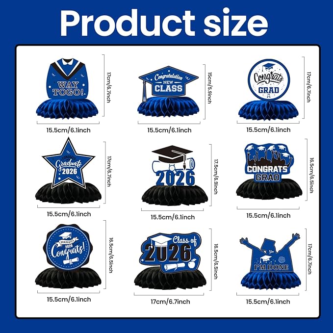 Graduation Decorations 2026 Blue Centerpieces for Tables 9 Pcs, Class of 2026 Graduation Party Decorations Table Toppers, Grad Centerpieces for Tables 2026, Congrats Grad Decor for High School College