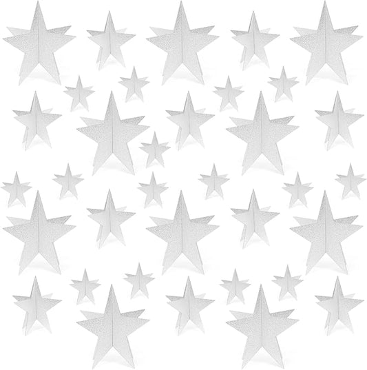 Silver Star Centerpieces - 3D Star Decorations in 3 Sizes - Awards Night, Christmas, Movie Night, Birthday Party Supplies (Set of 35)