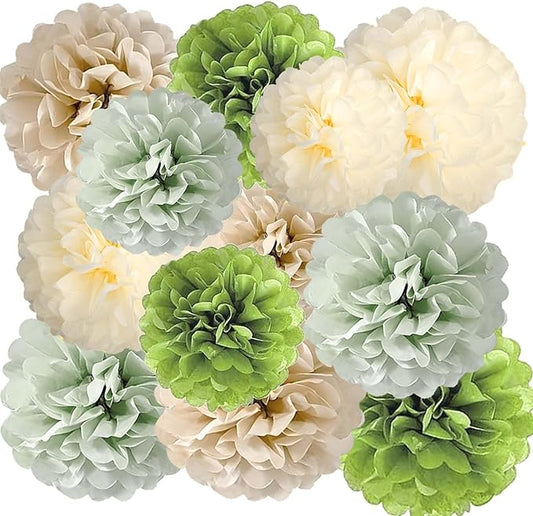 Sage Green Tissue Paper Pom Poms 12Pcs- Hanging Boho Paper Flowers for St. Patrick's Day Neutral Bridal Baby Shower Wedding Birthday Graduations Christmas Party Decorations