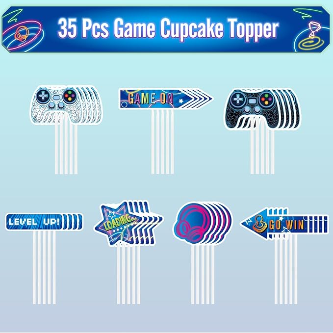 WERNNSAI 35 PCS Video Game Cupcake Toppers - Gaming Cake Toppers Game Birthday Party Cake Decorations for Kids Boys Gamer Cupcake Toppers Game Party Favors Supplies Gaming Night Party Cake Decors