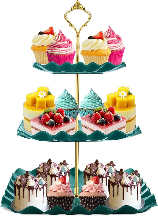 DAFURIET Dessert Cupcake Stand, 3 Tier Cup Cake Holder Tower for Tea Party/Birthday/Wedding, Plastic Tiered Serving Tray with Metal Rod (Green)