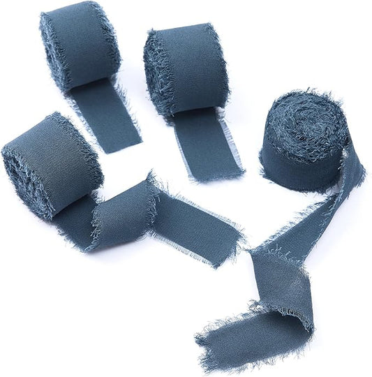 4 Rolls Dark Dusty Blue Handmade Fringe Chiffon Silk Ribbon 1" W x 5Yd Per Roll,Frayed Edges Ribbon Set for Gifts Wrapping,Wedding Invitations,Bouquets,DIY Crafts (1" x20Yd, Dark Dusty Blue)