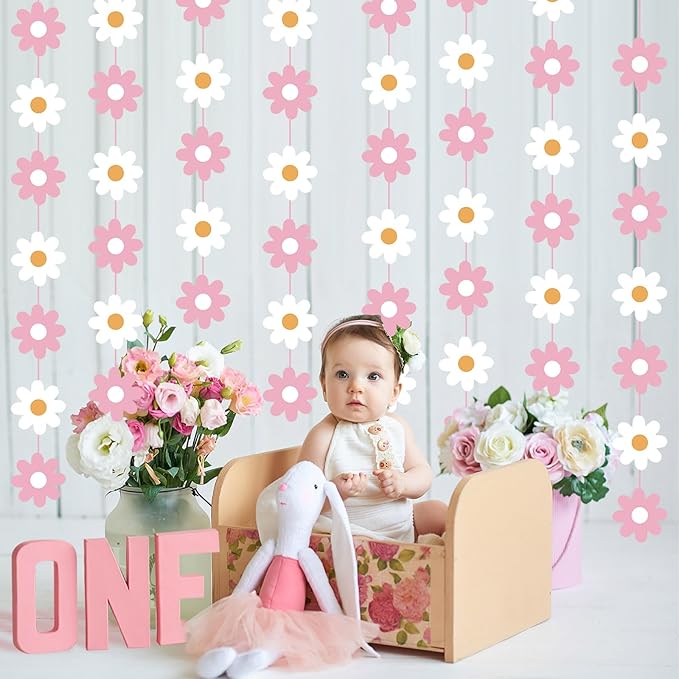 Pasimy 8 Pcs Daisy Boho Party Decorations Groovy Daisy Paper Garlands White Flower Hanging Garland Banner Hippie Flower Cutouts for Birthday Shower Wedding Party Favor Supplies(Fashion,Pink)