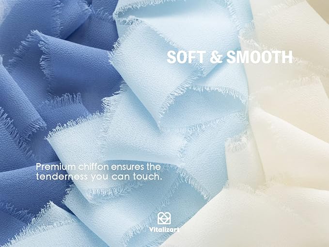 Vitalizart Blue Handmade Chiffon Silk Ribbon Fringe 1.5" x 21 Yd Dusty & Baby Blue Frayed Edges Ribbons for Wedding Invitations Bridal Bouquets Gifts Wrapping Crafts Holiday Party Decorations