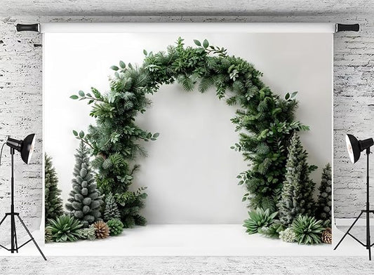 Kate Christmas Arch White Wall Backdrop Dark Green Christmas Trees Background Winter Greenery Archway Photo Background Studio Props,8x6ft