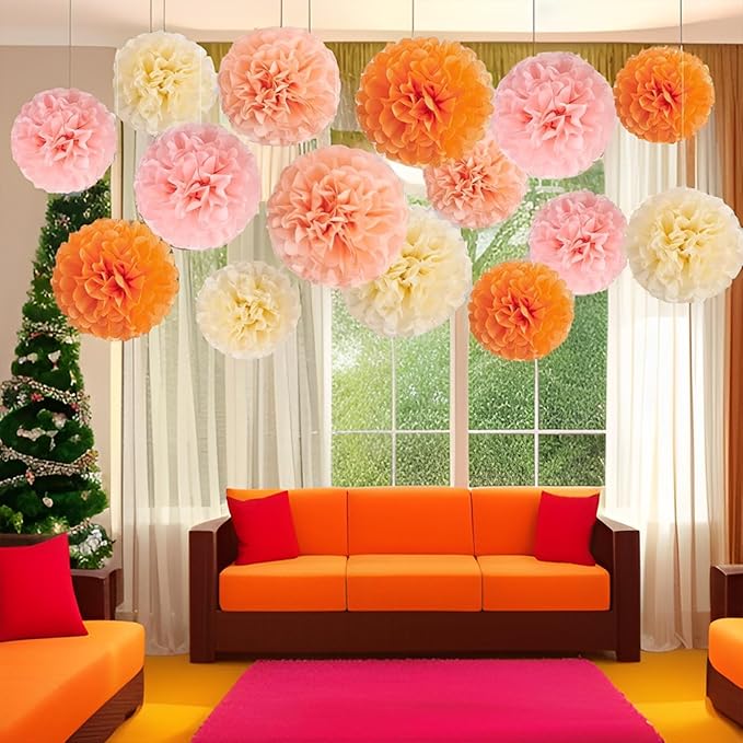 XIKSXITN 12 pcs Orange Paper Pom Poms Decorations for Party in 2 Colors,Ceiling Hanging Tissue Paper Flowers Decorations (8&10&12 inch)