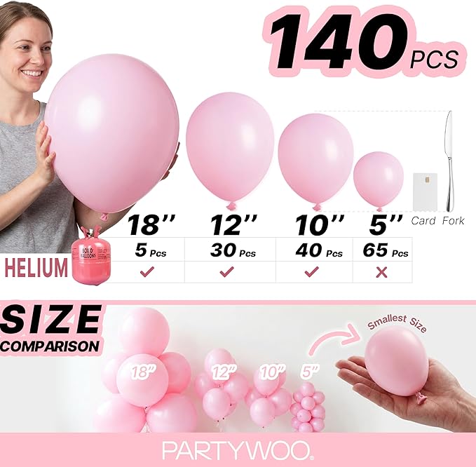PartyWoo Pink Balloons 140 pcs Different Sizes of 18 12 10 5 Inch Pastel Pink Balloons Arch Kit Garland for Baby Shower Gender Reveal Birthday Bridal Shower Princess Party Decorations Pink-Q05