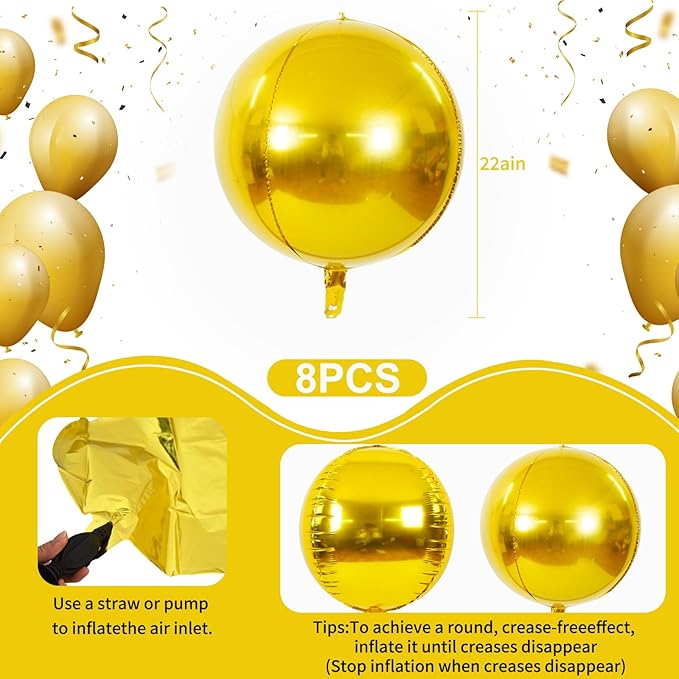 TONIFUL 8Pcs Large Gold 4D Giant Round Foil Balloon 22inch Big Mirror Metallic Mylar Sephere Balloons for Christmas New Year Birthday Party Graduation Wedding Bridal Shower Decoration Supplies