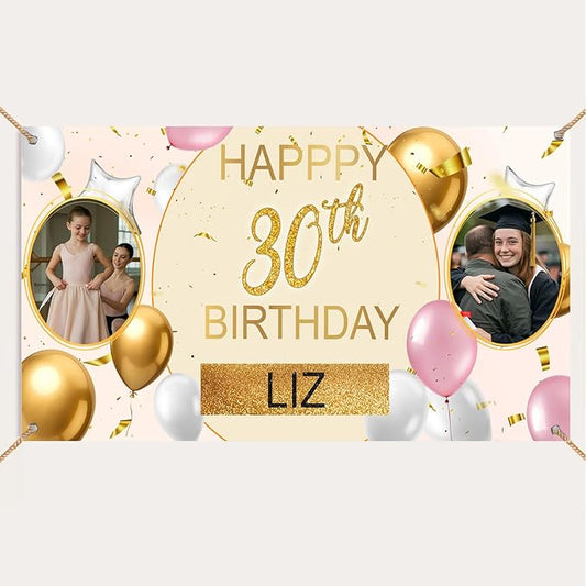 Custom Birthday Banners Personalized with Pictures and Name, Happy Birthday Backdrop Decorations for Husband Him Men, Celebration Banner for Unique Party Event