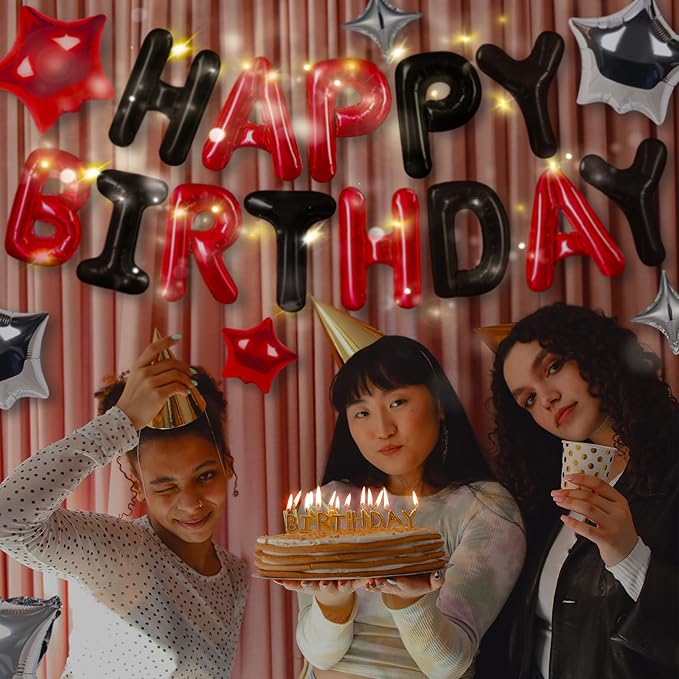 CANREVEL Happy Birthday Banner 13pcs 16 Inch Mylar Foil Letters Sign Balloons with LED Lights Birthday Party Decorations for Kids and Adults - 3D Black Red